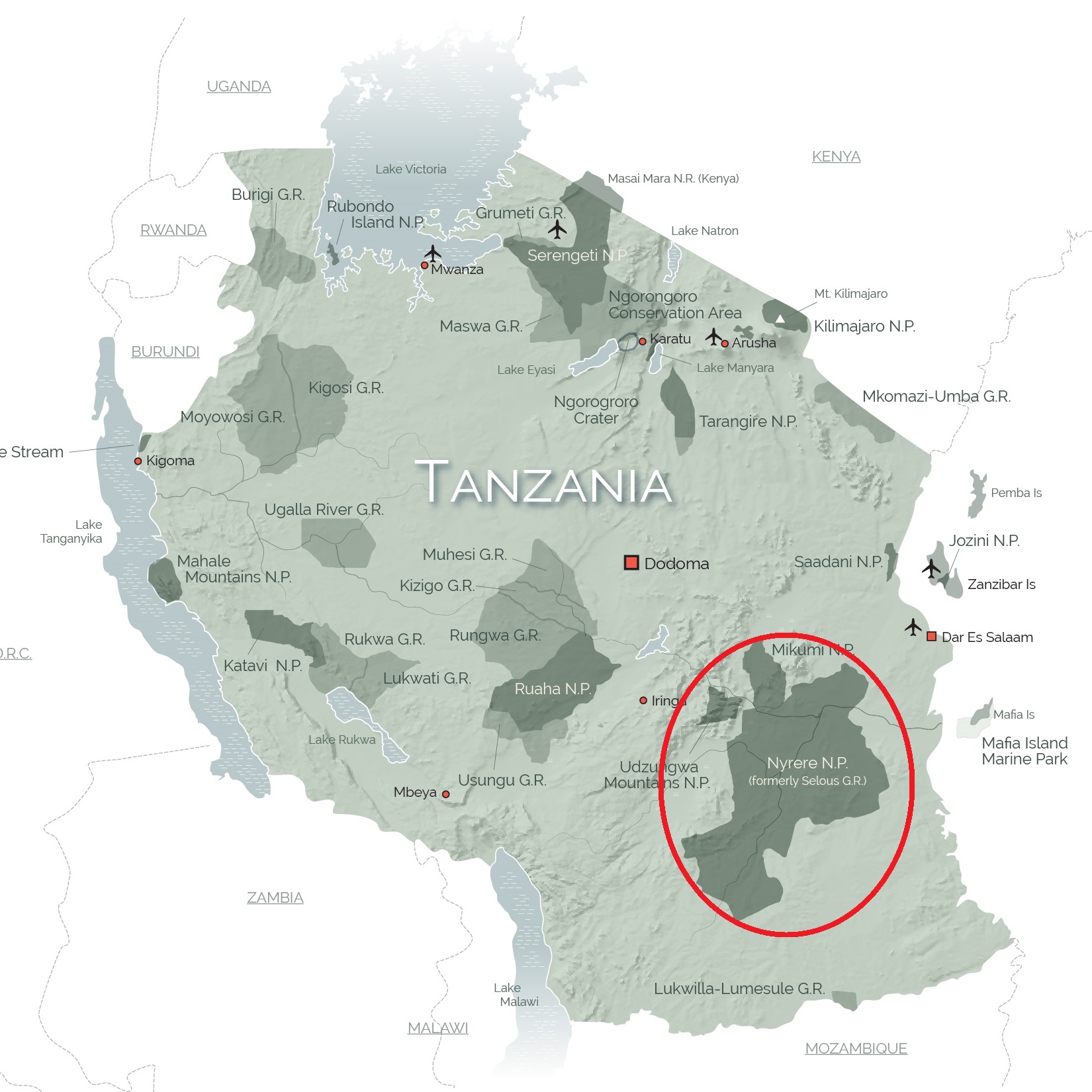 Map of Tanzania with Nyerere National Park / Carte de Tanzanie avec le parc de Nyerere (ex. Selous)