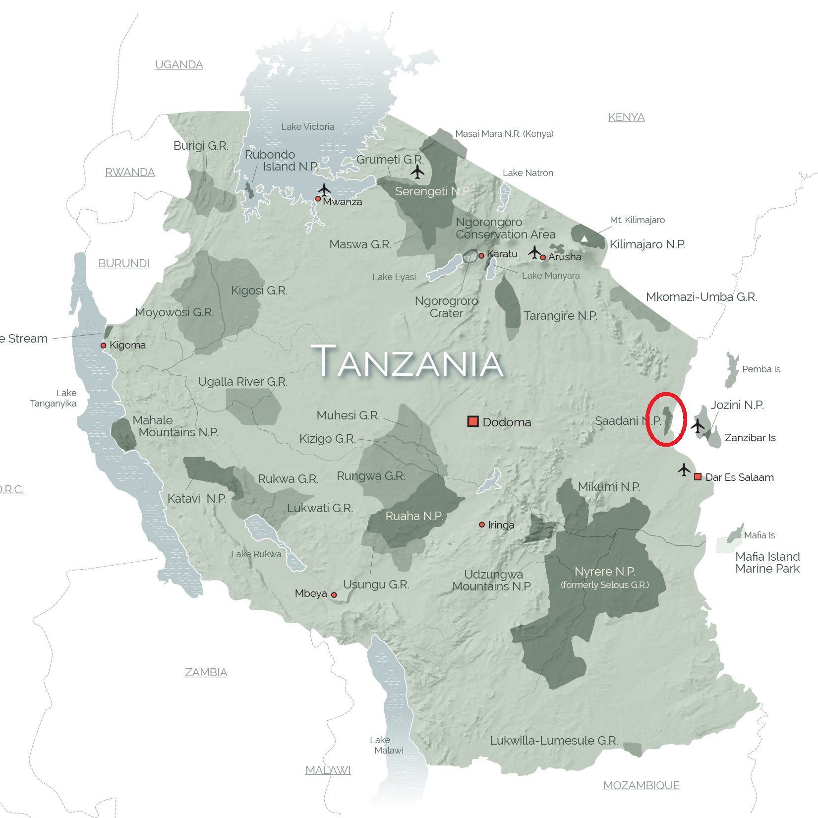 Carte de Tanzanie avec Saadani / Tanzania map with Saadani