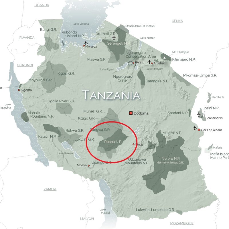 Carte de Tanzanie avec Ruaha / Tanzania map with Ruaha